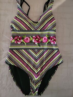 Mossimo Supply Co. Black One-Piece Swimsuit with Pink and Green Trim Size Xl